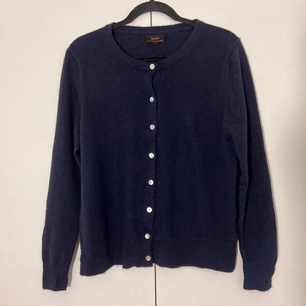 Quince 100% Mongolian Cashmere Cardigan Women L Navy Button Long Sleeve Sweater